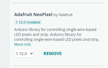 Zdjęcie przedstawia zrzut ekranu z opisem wtyczki adafruit neopixel