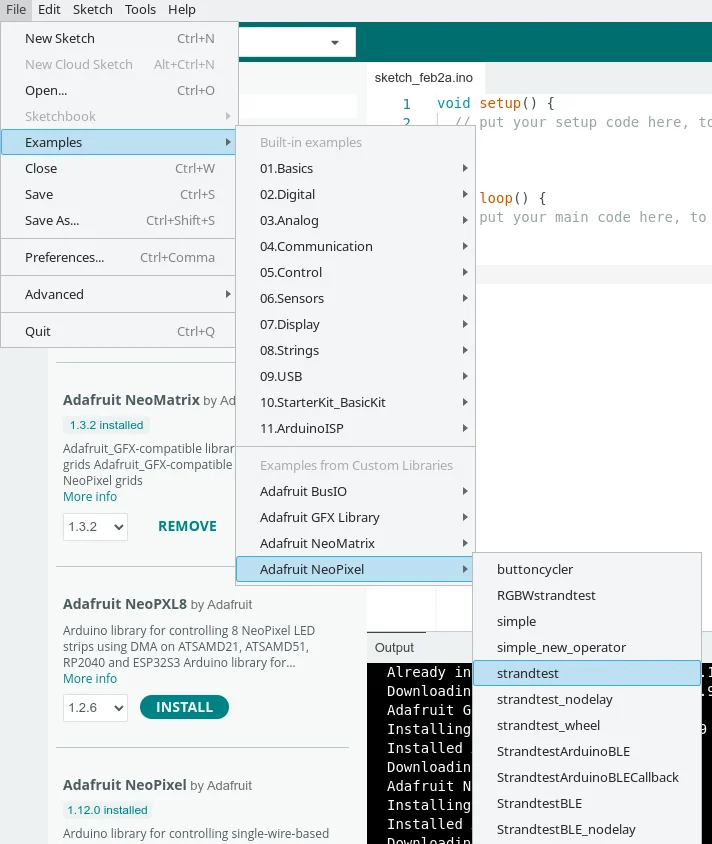 zdjęcie przedstawia zrzut ekranu z rozwiniętymi zakładkami programu Arduino IDE